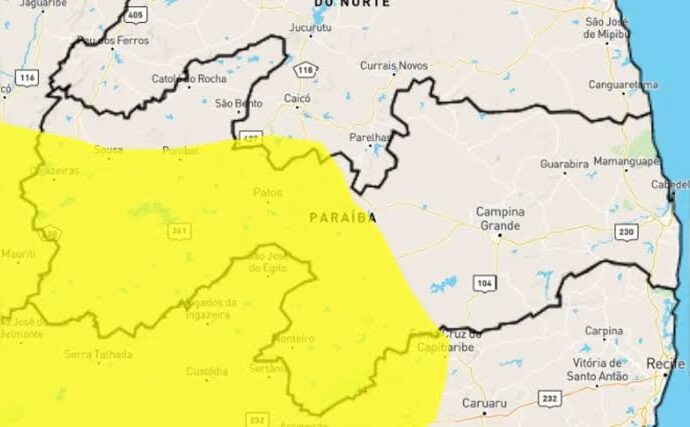 O Instituto Nacional de Meteorologia emitiu um alerta amarelo  para vendaval em 116 municípios e de baixa umidade para 67 cidades da Paraíba